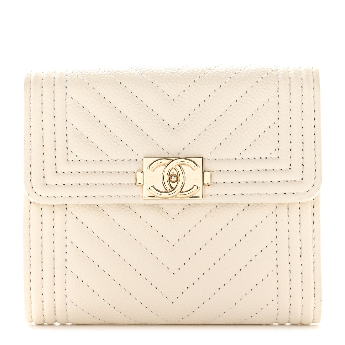Caviar Chevron Quilted Boy Compact Wallet White