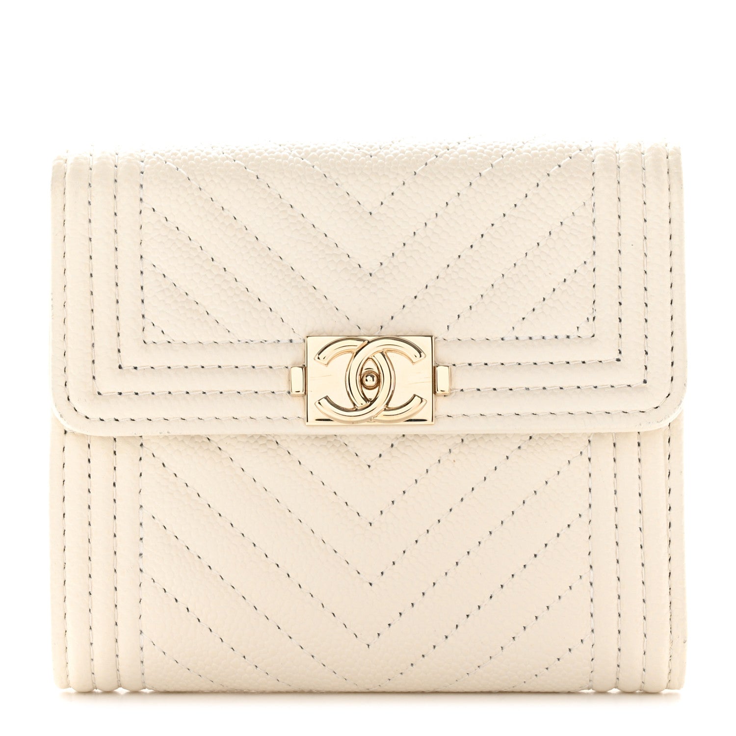 Chanel Caviar Chevron Quilted Boy Compact Wallet White 1 of 10