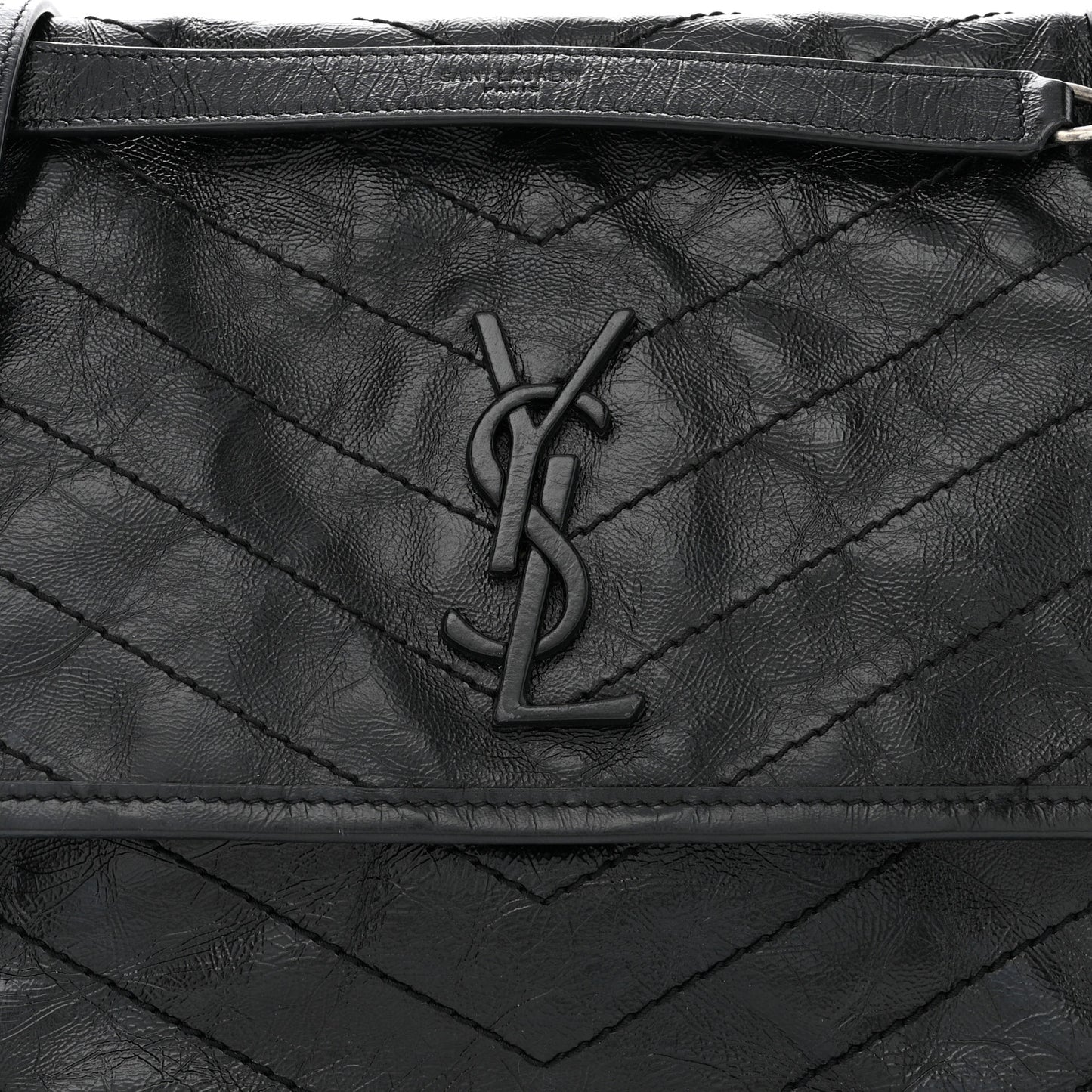 Crinkled Calfskin Matelasse Monogram Medium Niki Chain Satchel Black