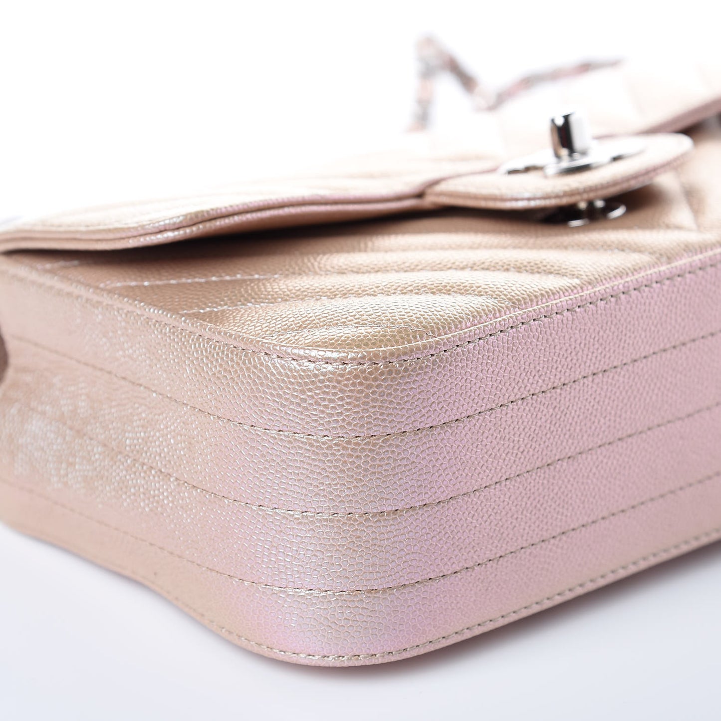 Iridescent Caviar Chevron Quilted Mini Rectangular Flap Light Gold