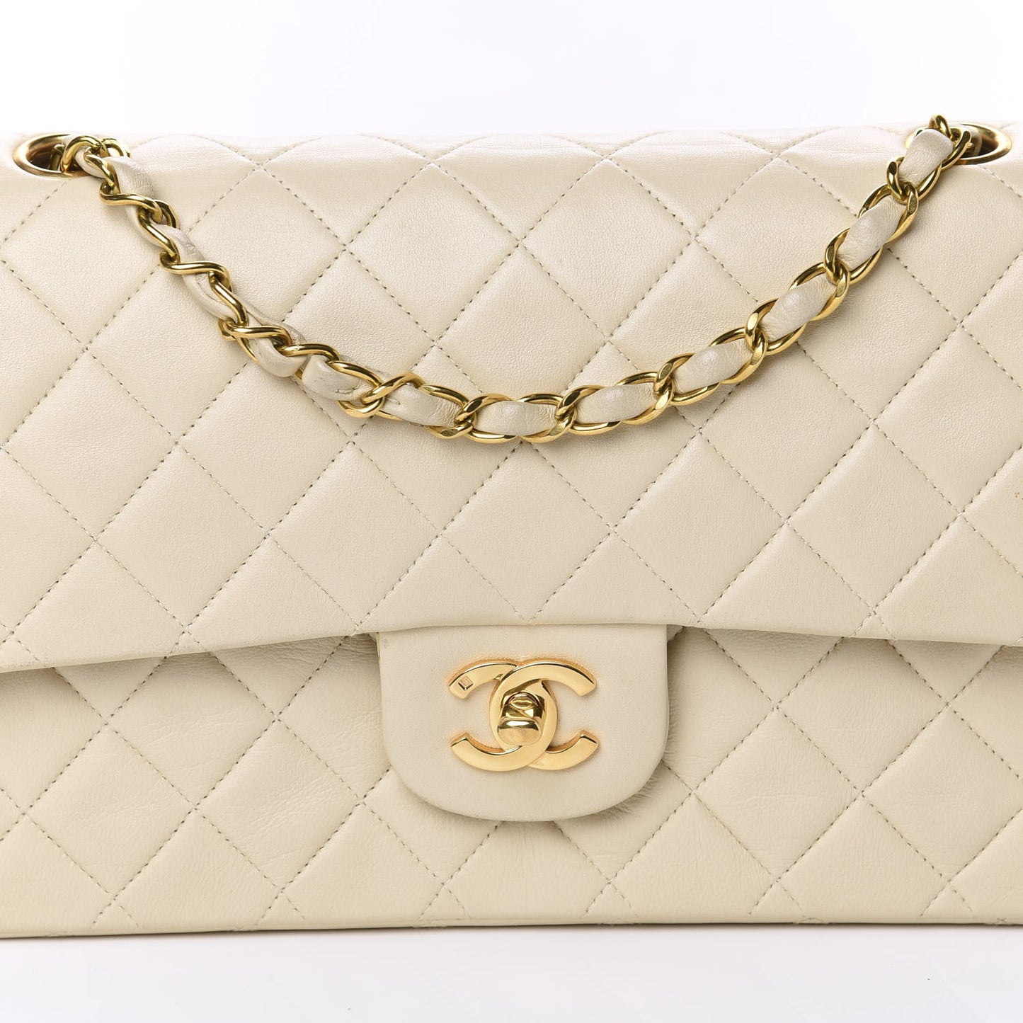 Lambskin Quilted Medium Double Flap Beige