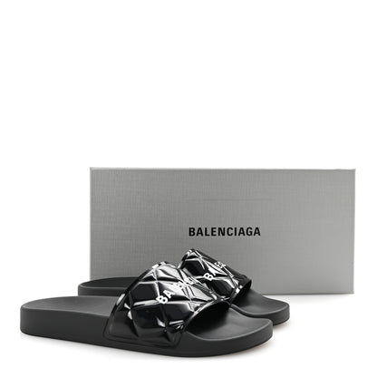 Balenciaga Patent Rubber Logo Womens Pool Slide Sandals 38 Black White 9 of 9