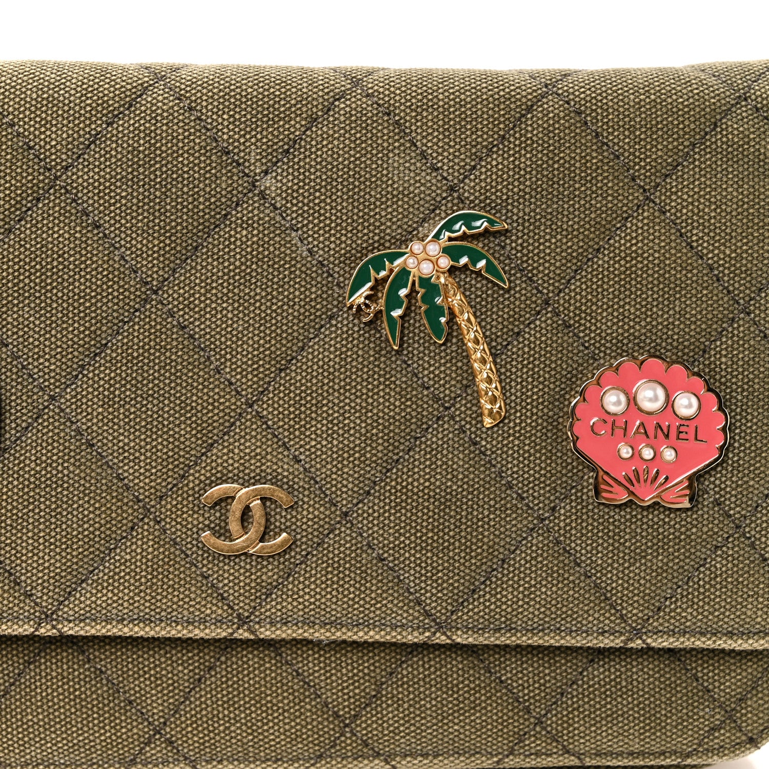 Chanel Canvas Quilted Coco Cuba Charms Wallet on Chain WOC Khaki 11 of 14