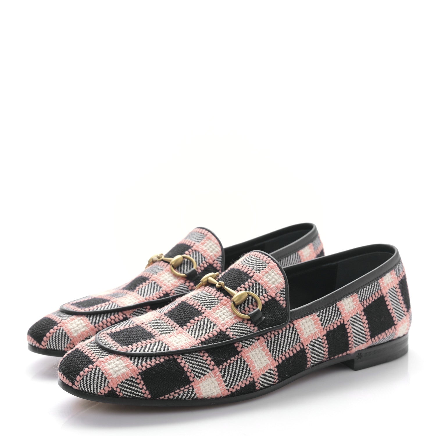 Gucci Tweed Check Horsebit Womens Jordaan Loafers 38 Black Pink Multicolor 3 of 8