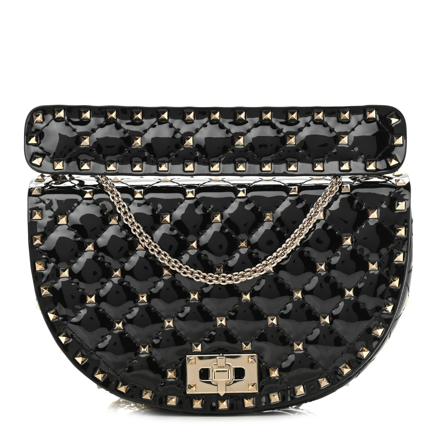Patent Medium Rockstud Spike Halfmoon Saddle Bag Black