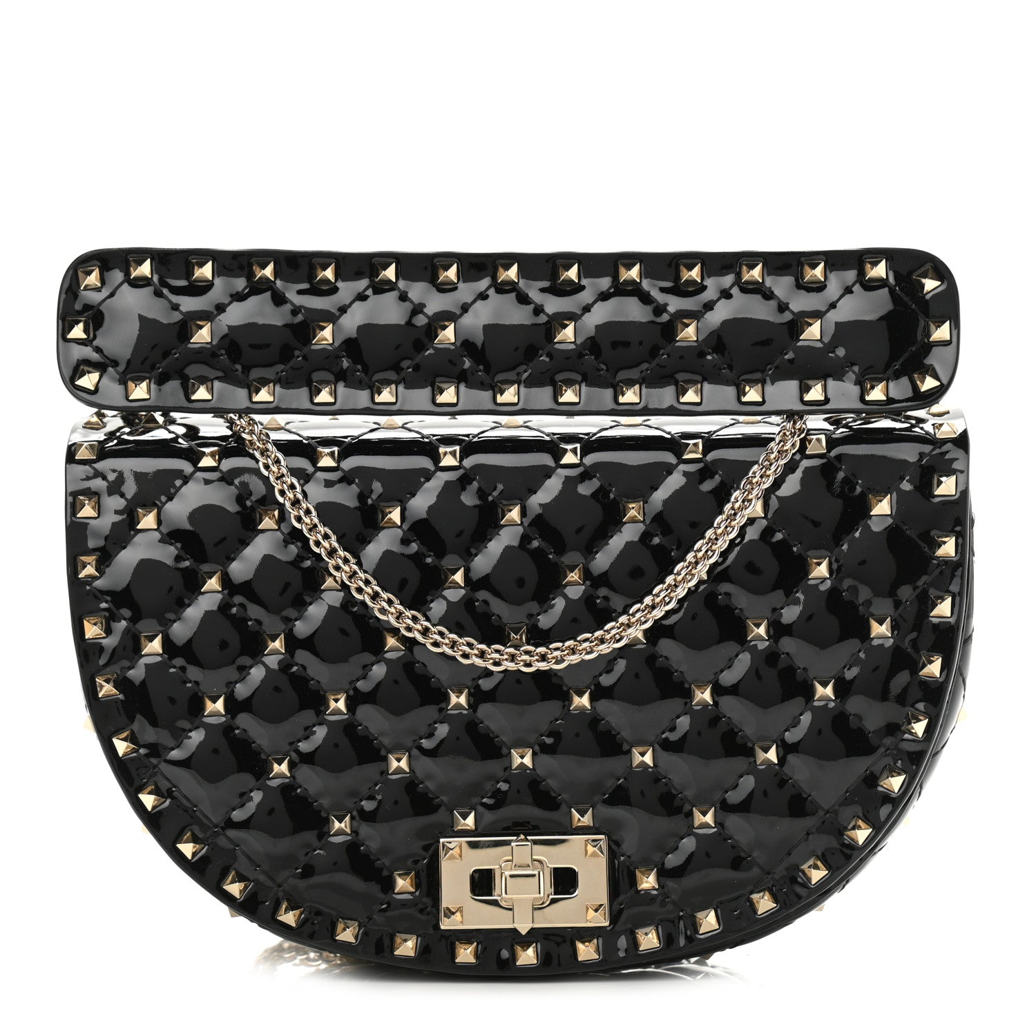 Valentino Garavani Patent Medium Rockstud Spike Halfmoon Saddle Bag Black 1 of 10