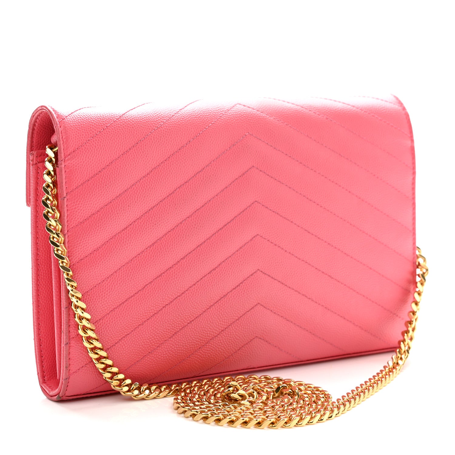 Saint Laurent Grain De Poudre Matelasse Chevron Monogram Chain Wallet Rose Clair 3 of 12