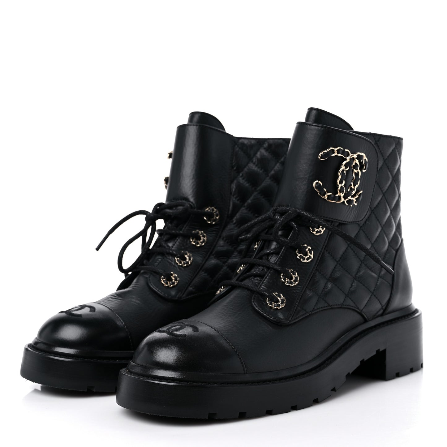Shiny Lambskin Quilted Lace Up Combat Boots 38 Black