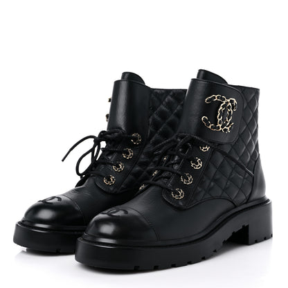 Chanel Shiny Lambskin Quilted Lace Up Combat Boots 38 Black 3 of 8