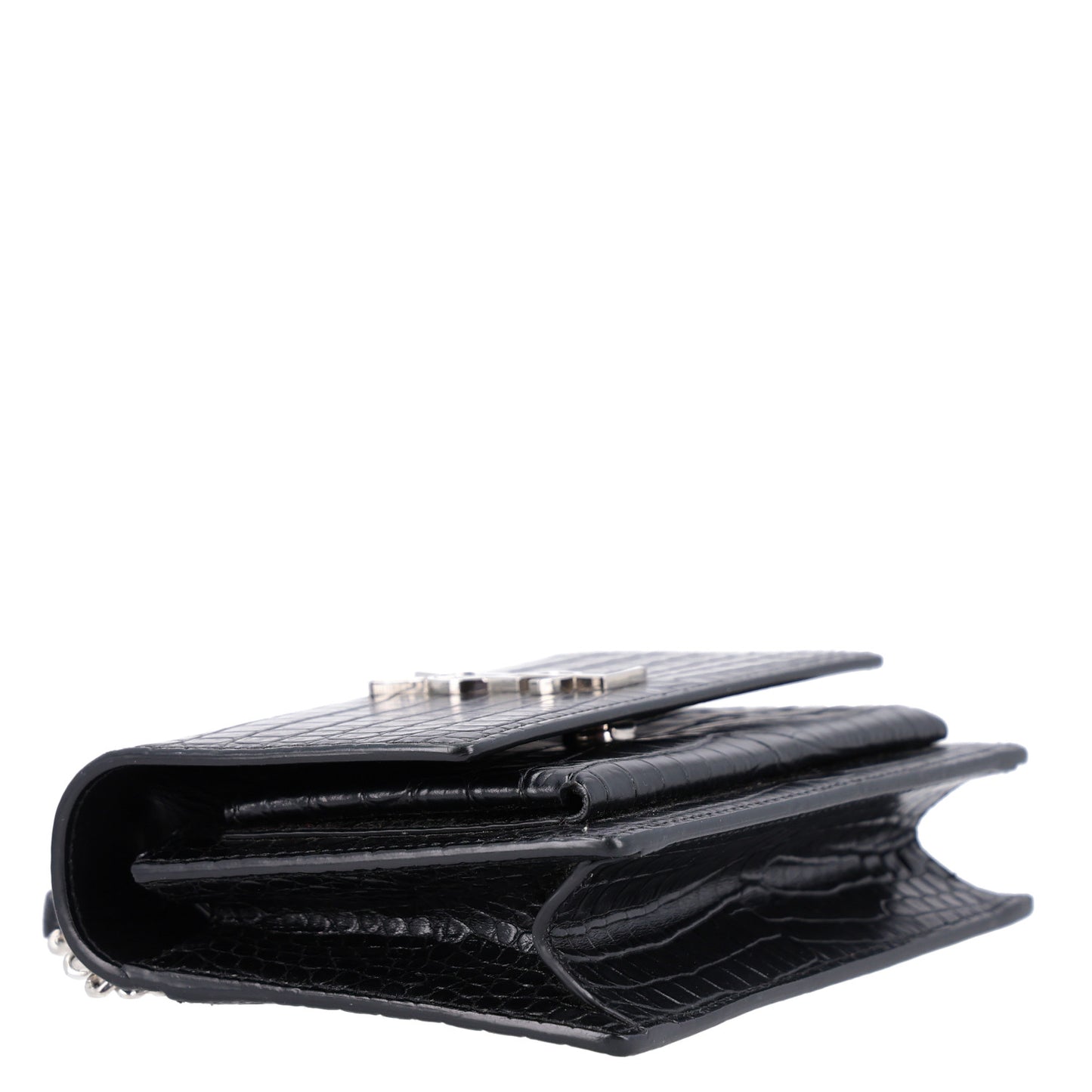 Calfskin Crocodile Embossed Monogram Sunset Chain Wallet Black