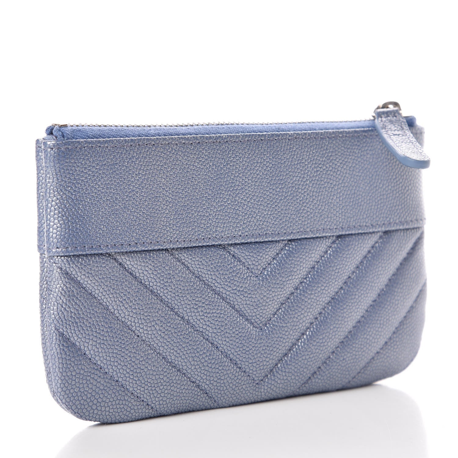 Chanel Metallic Caviar Chevron Quilted Small Vintage Mademoiselle Cosmetic Case Blue 3 of 10