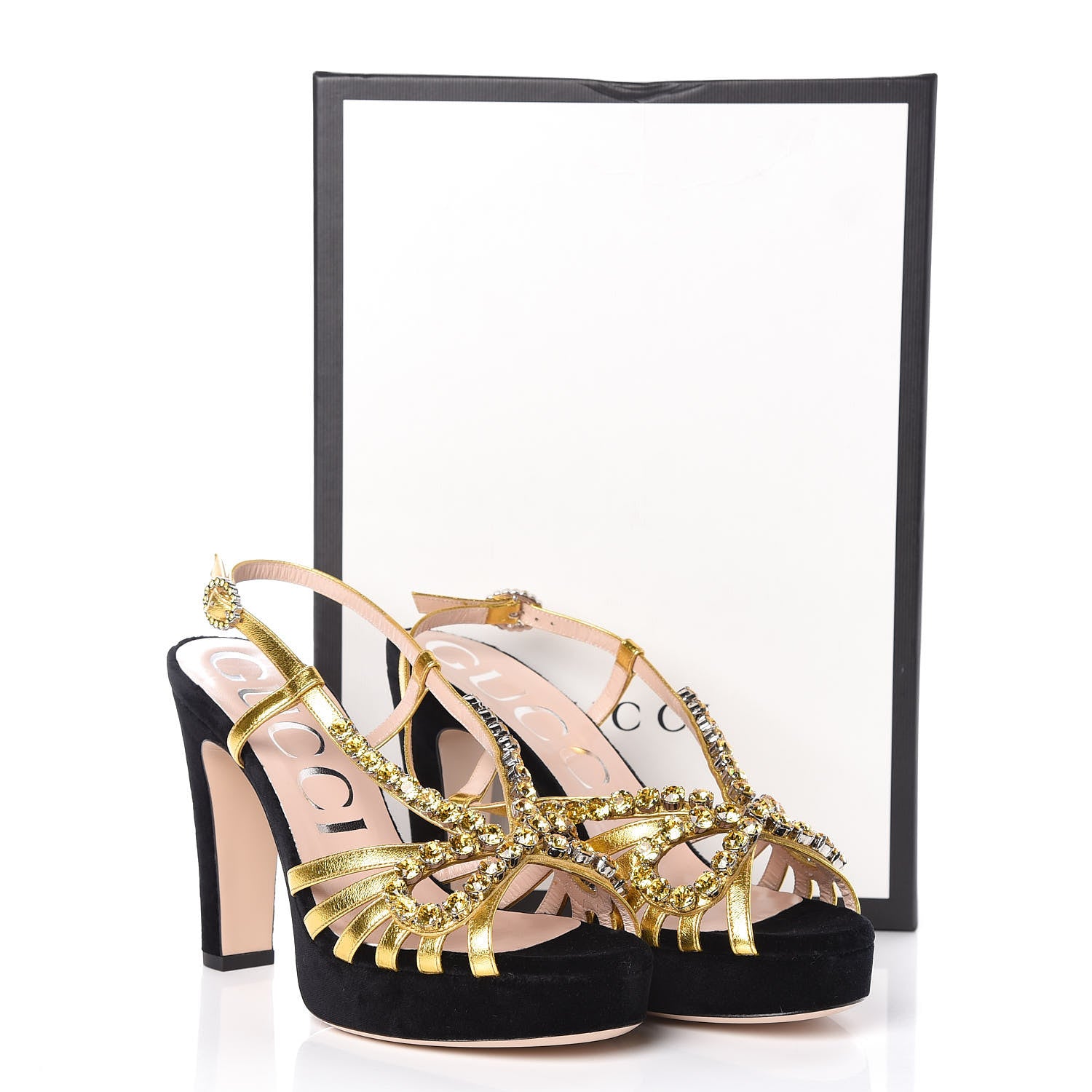 Gucci Velvet Nappa Crystal Zephyra Slingback Platform High Heel Sandals 37.5 Black Gold 8 of 8