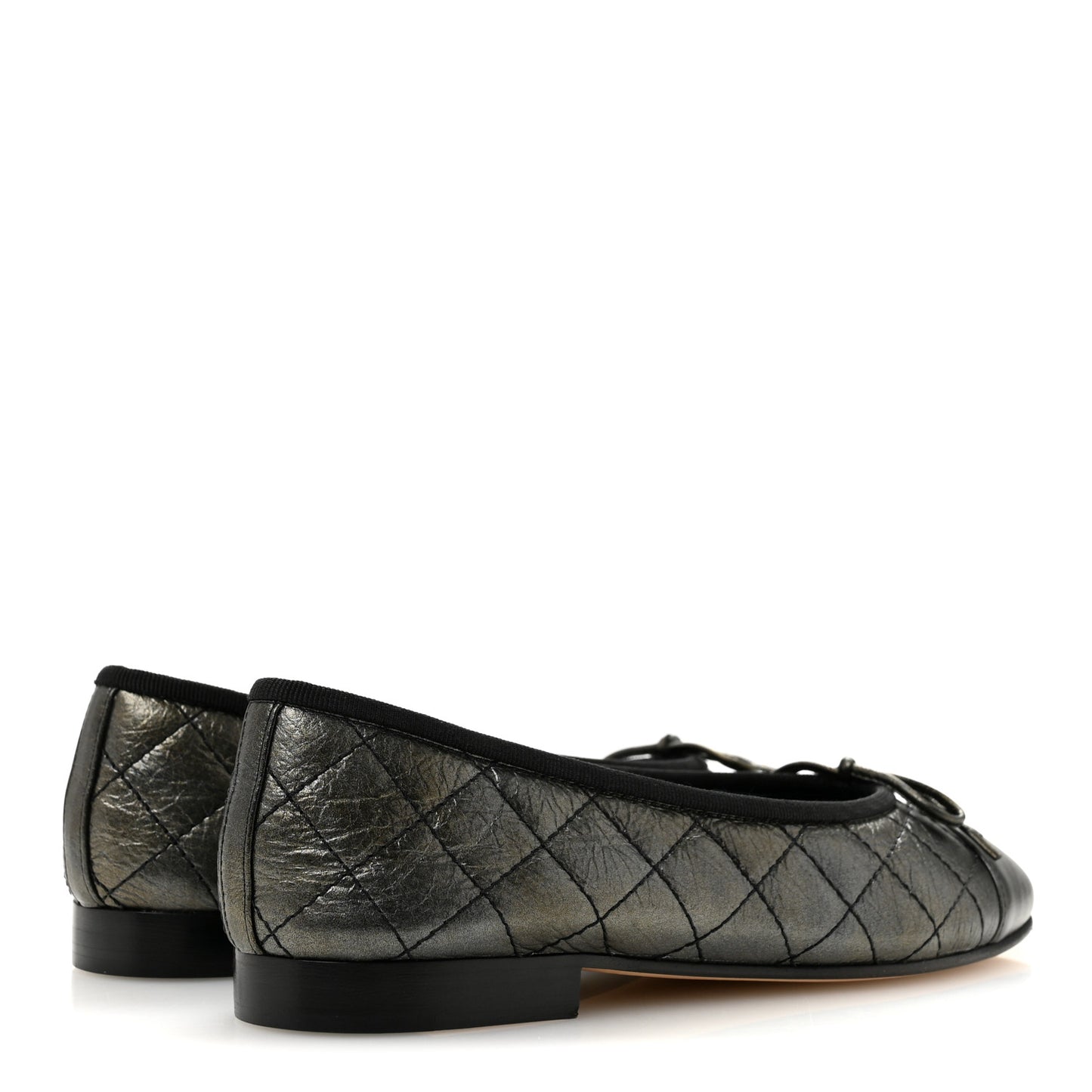 Metallic Aged Calfskin Quilted CC Cap Toe Ballerina Flats 36 Dark Silver