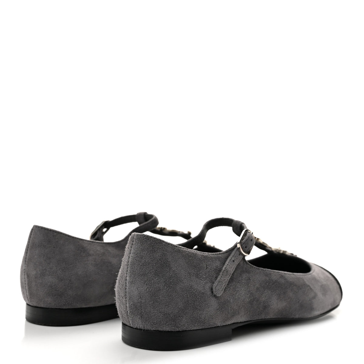 Suede Grosgrain Crystal Pearl Crystal Cap Toe T Strap CC Mary Jane Flats  37.5 Grey Black