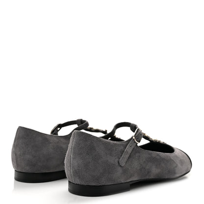 Chanel Suede Grosgrain Crystal Pearl Crystal Cap Toe T Strap CC Mary Jane Flats  37.5 Grey Black 5 of 9