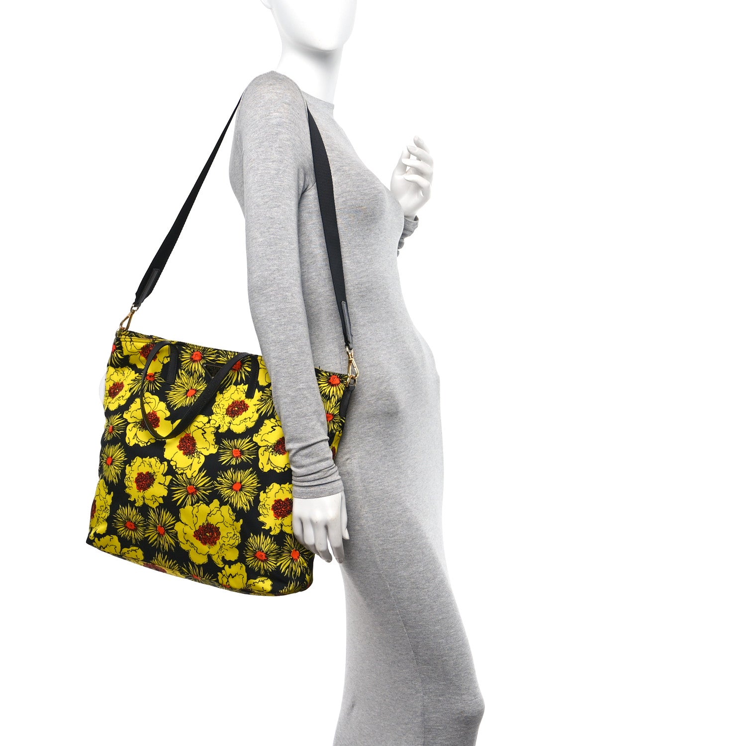 Prada Tessuto Nylon Saffiano Floral Print Tote Yellow Multicolor 2 of 14