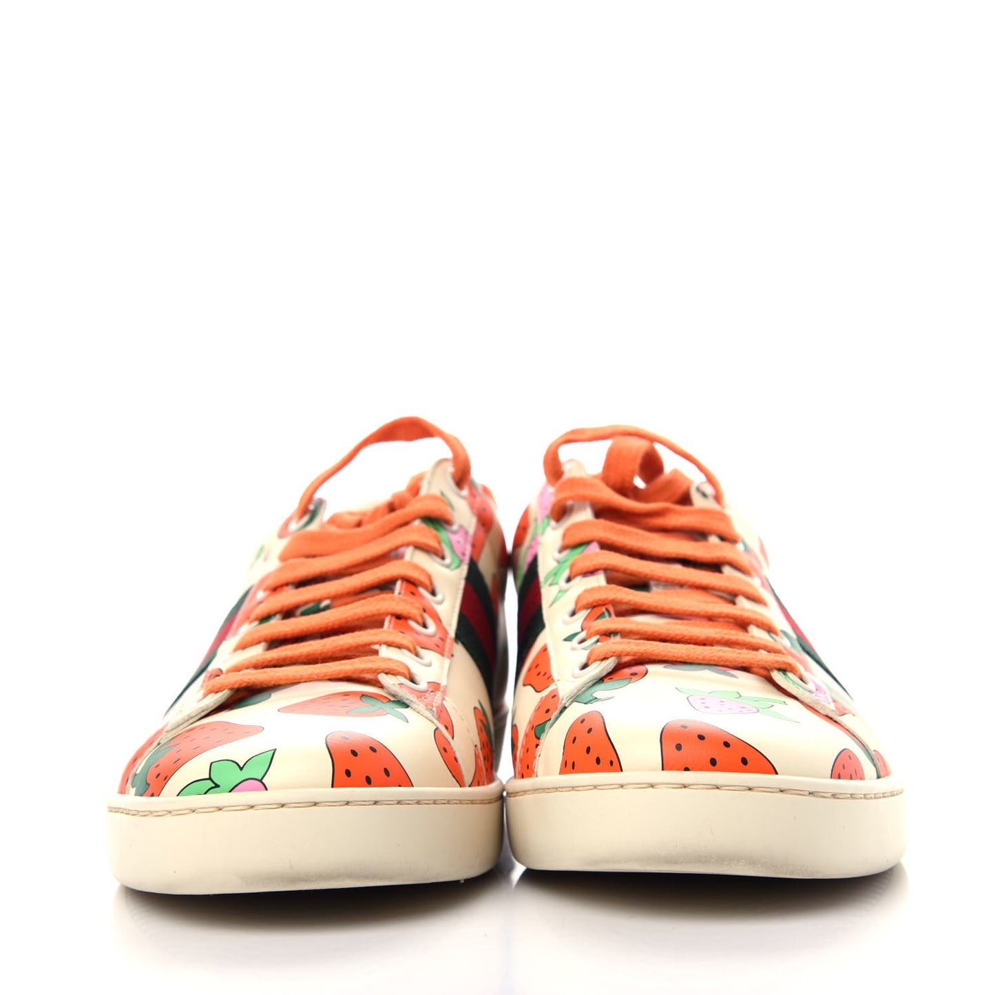 Calfskin Web Strawberry Print Womens Ace Sneakers 38.5 Ivory Red Green