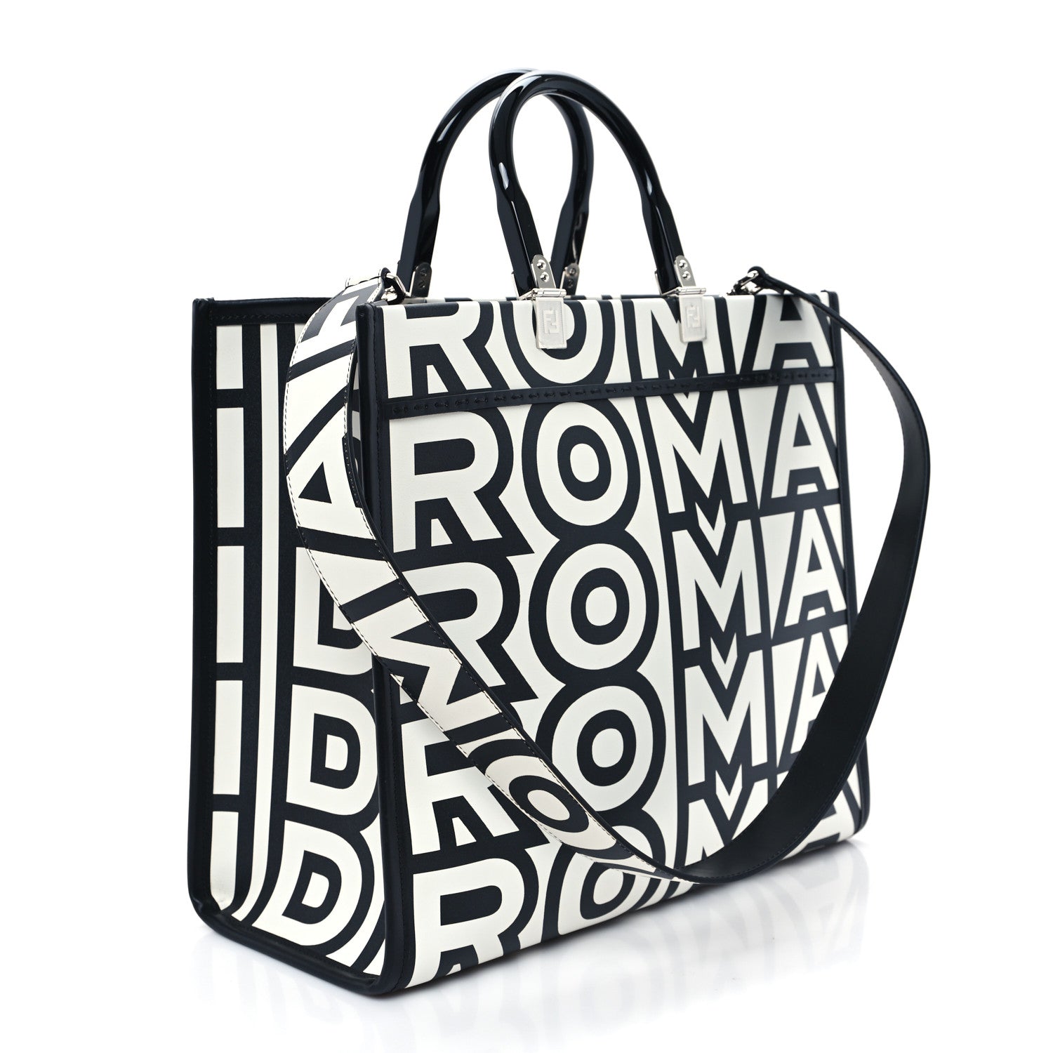 Fendi X MARC JACOBS Vitello King Logo Print Medium Fendi Sunshine Shopper Tote Black White 2 of 10