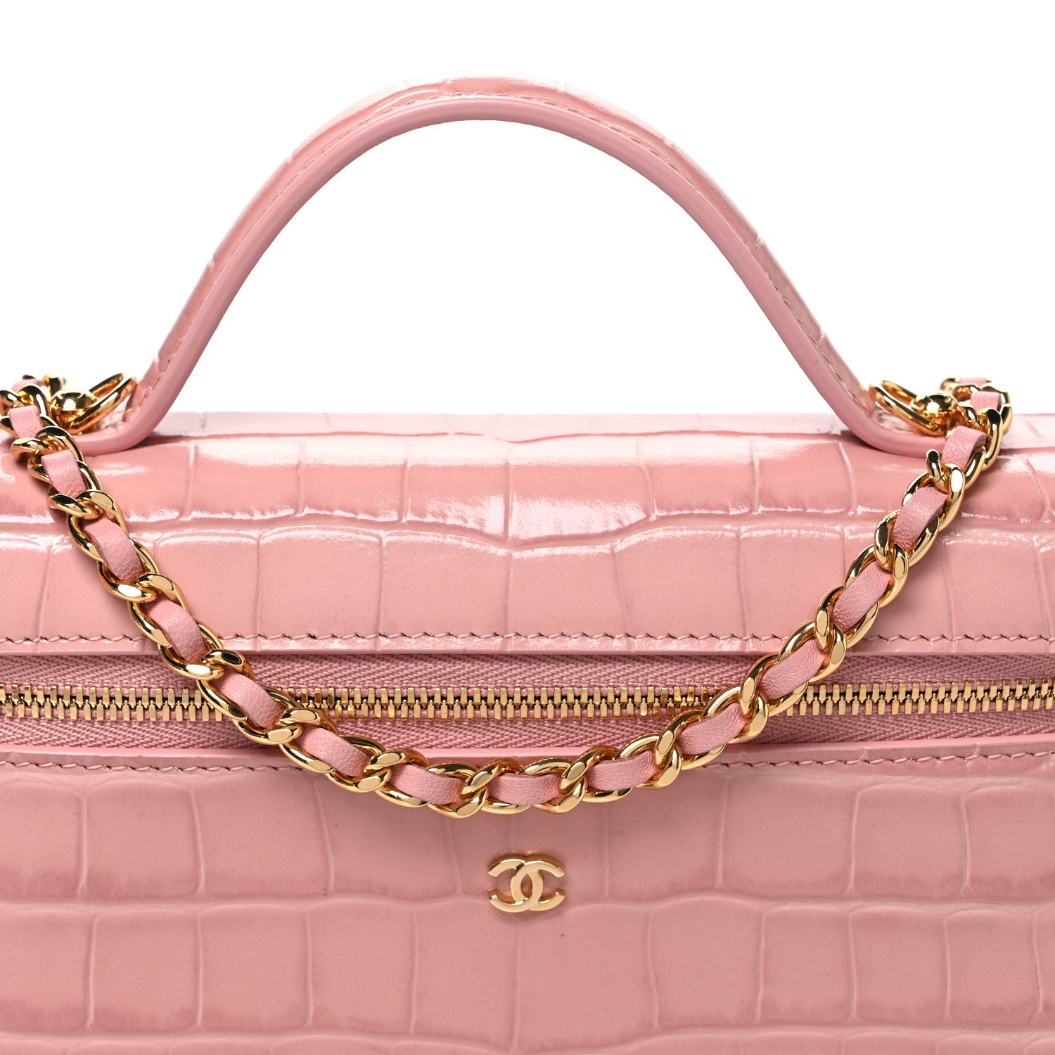 Chanel Calfskin Crocodile Embossed Crococo Top Handle Slim Vanity Case With Chain Light Pink 8 of 11