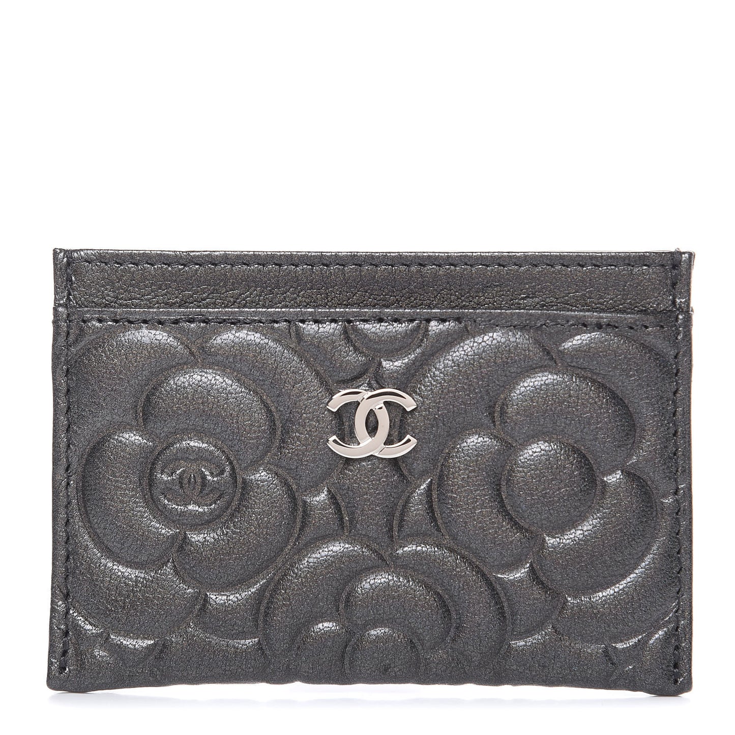 Goatskin Camellia Embossed Card Holder Grey