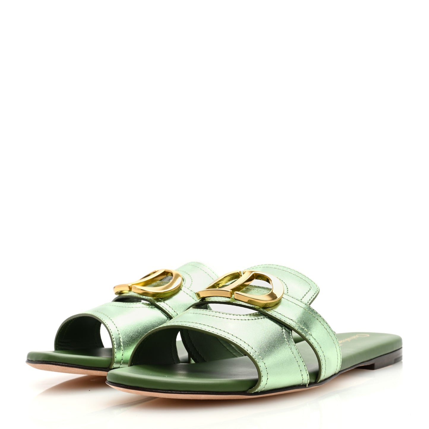 Metallic Calfskin 30 Montaigne Flat Slide Sandals 36.5 Green