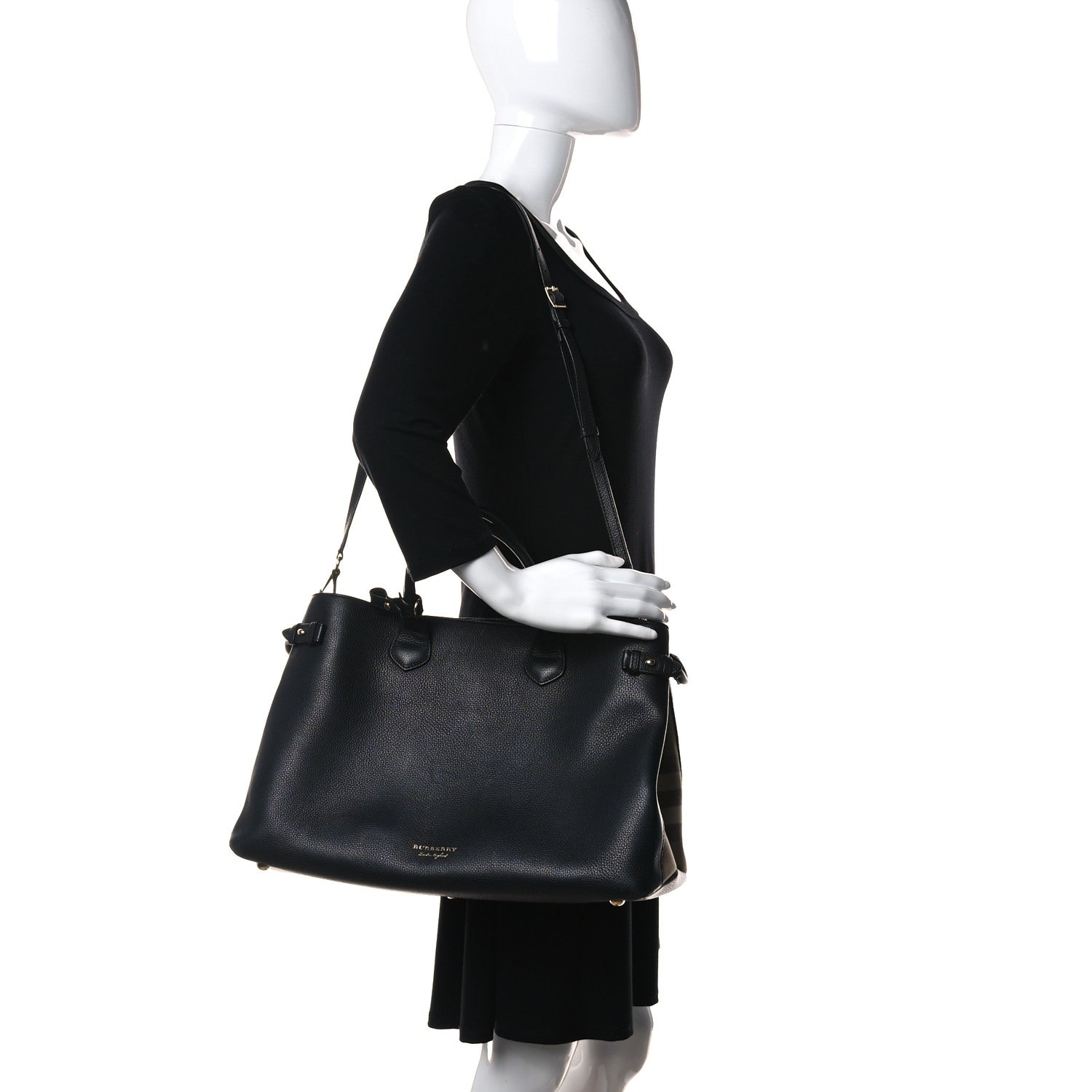 Burberry Grainy Calfskin House Check Large Banner Tote Black 2 of 22