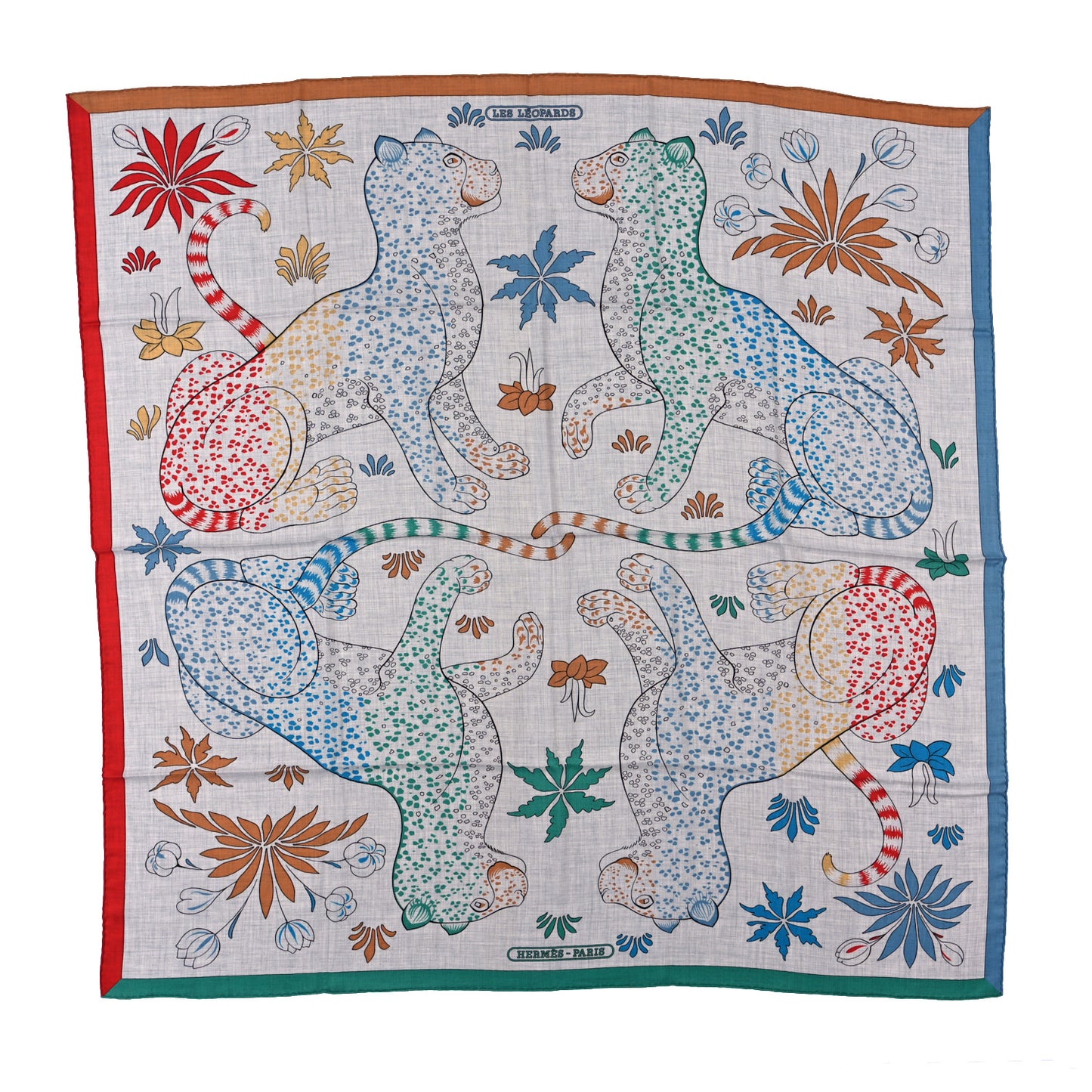 Cashmere Silk Les Leopards Shawl 140 Gris Chine Bleu