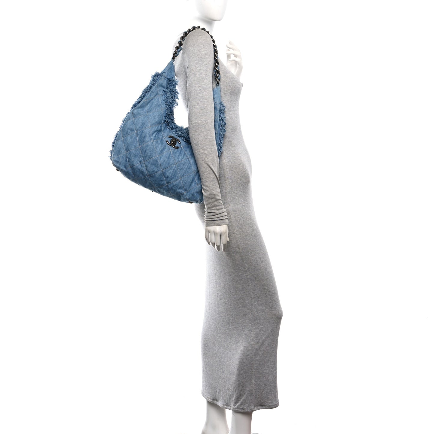 Denim Quilted Chain Hobo Light Blue