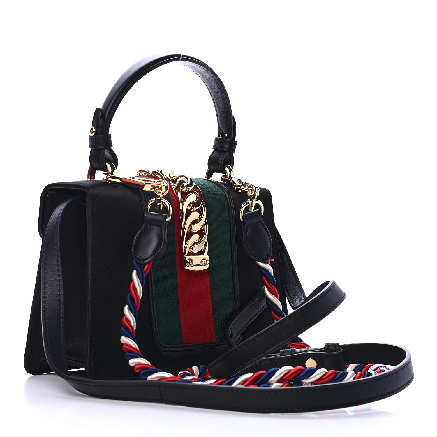 Gucci Satin Crystal Mini Sylvie Top Handle Bag Black 2 of 4