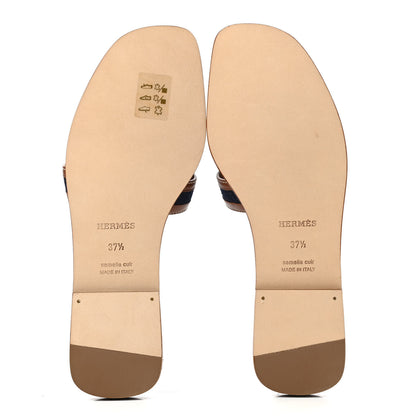 Hermes Calfskin Denim Oran Sandals 37.5 Bleu Brut Gold 5 of 8