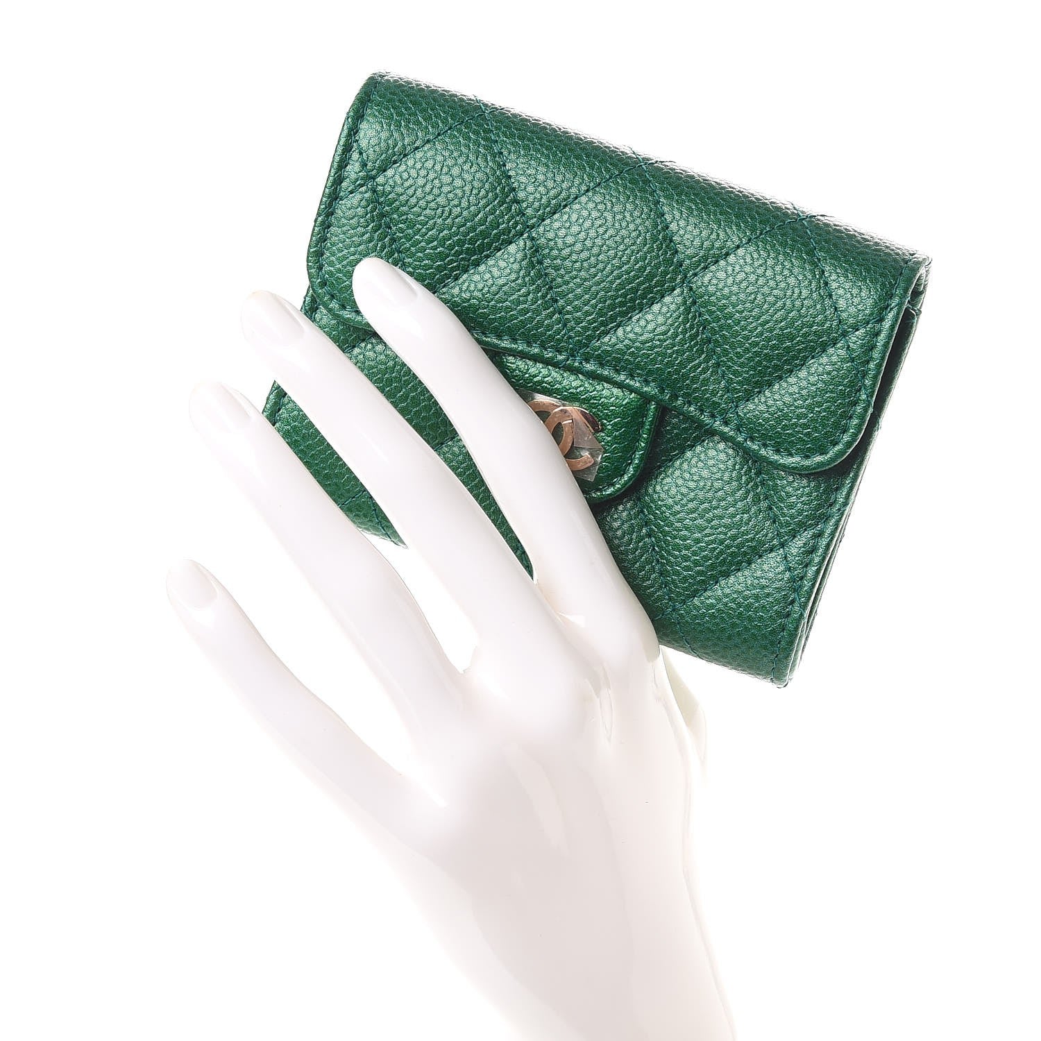 Chanel Metallic Caviar Quilted Card Holder Green 2 of 8