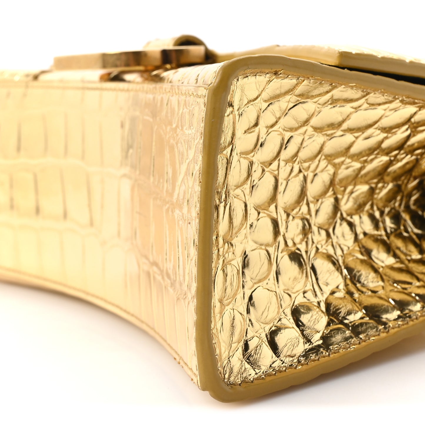 Metallic Calfskin Crocodile Embossed Hourglass Top Handle Bag XS Gold