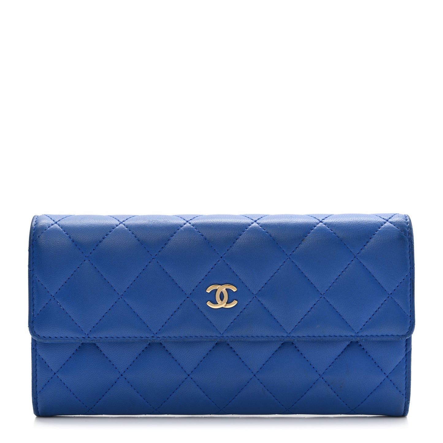 Lambskin Quilted Large Gusset Flap Wallet Blue