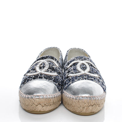 Chanel Metallic Tweed Lambskin CC Espadrilles 36 Blue Black Silver 2 of 8