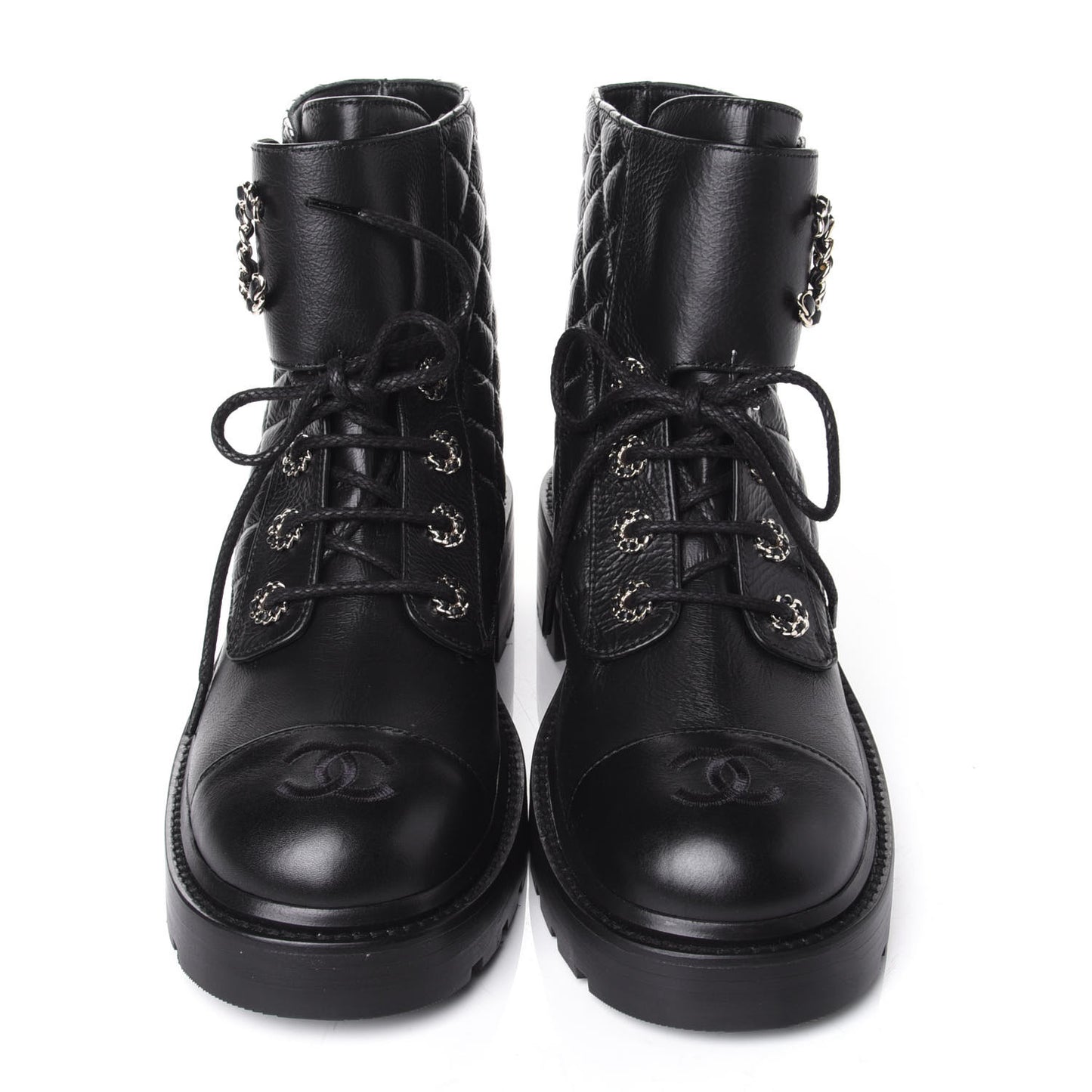 Shiny Goatskin Calfskin Quilted Lace Up Combat Boots 39 Black