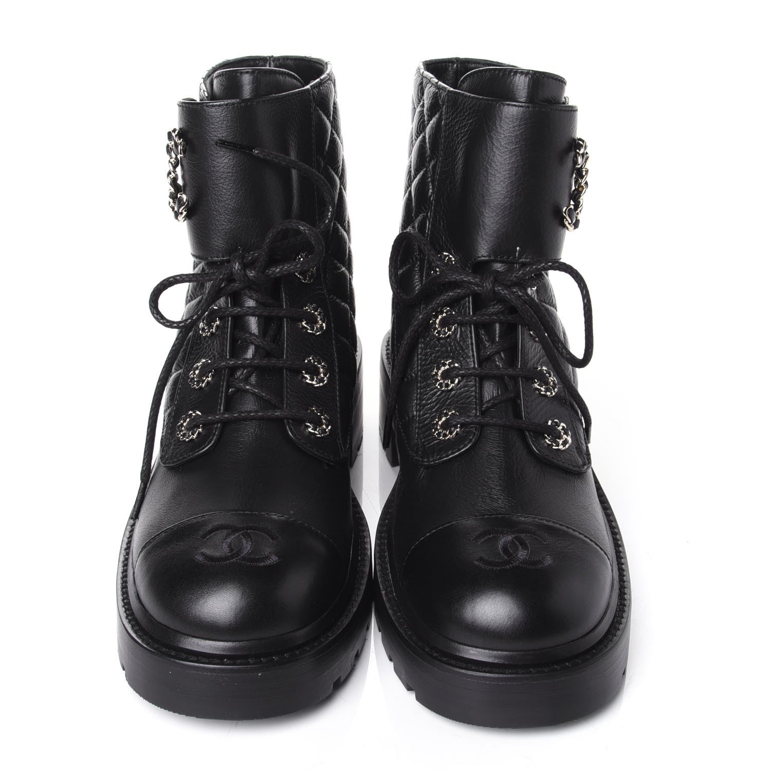 Chanel Shiny Goatskin Calfskin Quilted Lace Up Combat Boots 39 Black 5 of 11