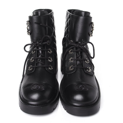 Chanel Shiny Goatskin Calfskin Quilted Lace Up Combat Boots 39 Black 5 of 11