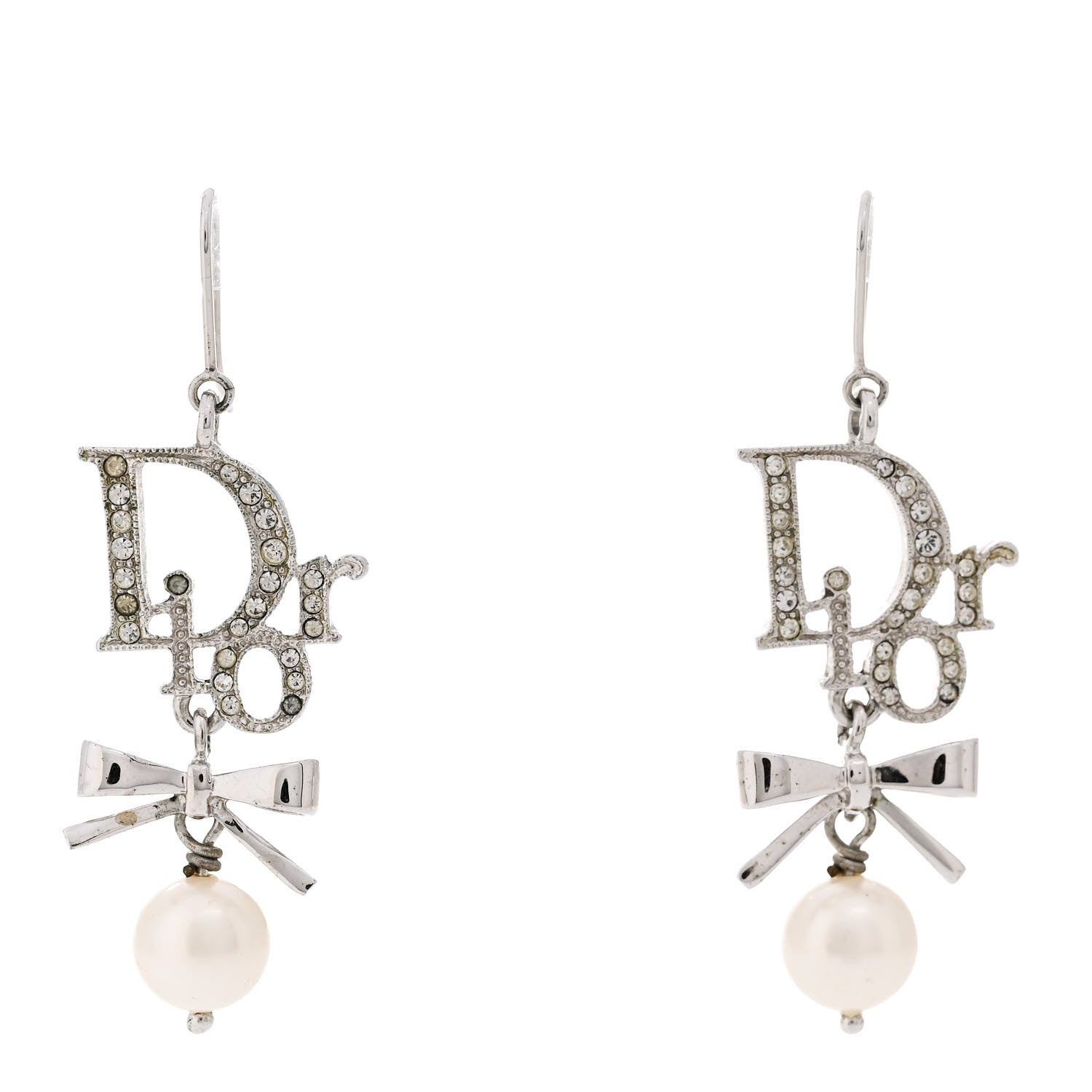 Christian Dior Crystal Pearl Bow Earrings Silver 1 of 4