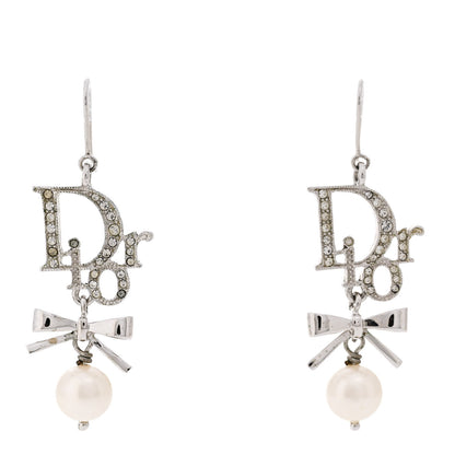 Christian Dior Crystal Pearl Bow Earrings Silver 1 of 4