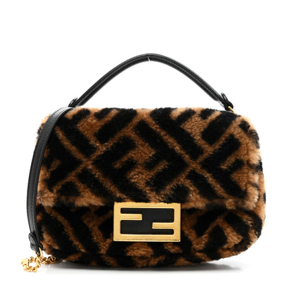 Fendi Shearling Vitello Dolce Macro FF 1974 Mini Baguette Tobacco Black 1 of 10