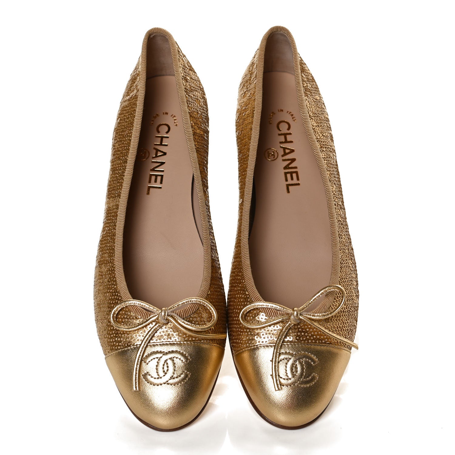 Chanel Lambskin Sequin Cap Toe Ballerina Flats 38.5 Gold 5 of 12