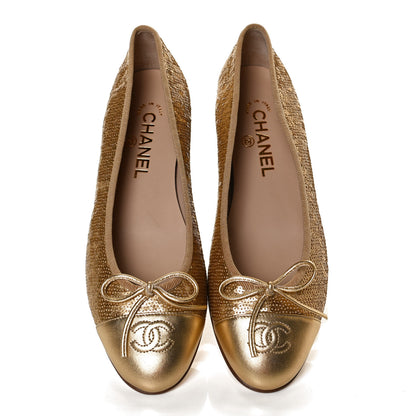 Chanel Lambskin Sequin Cap Toe Ballerina Flats 38.5 Gold 5 of 12