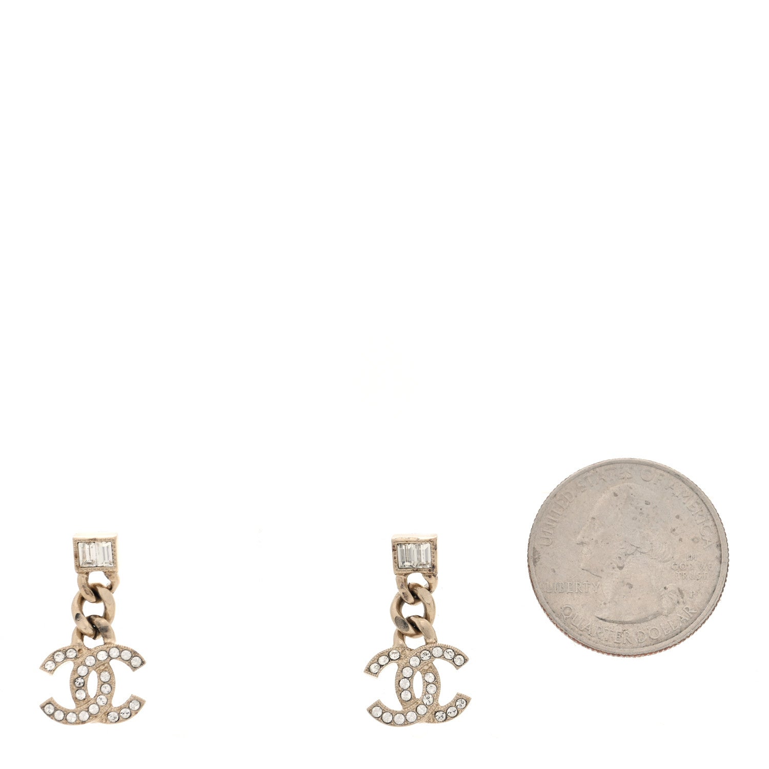 Chanel Metal Crystal Baguette CC Chain Drop Earrings Gold 2 of 5