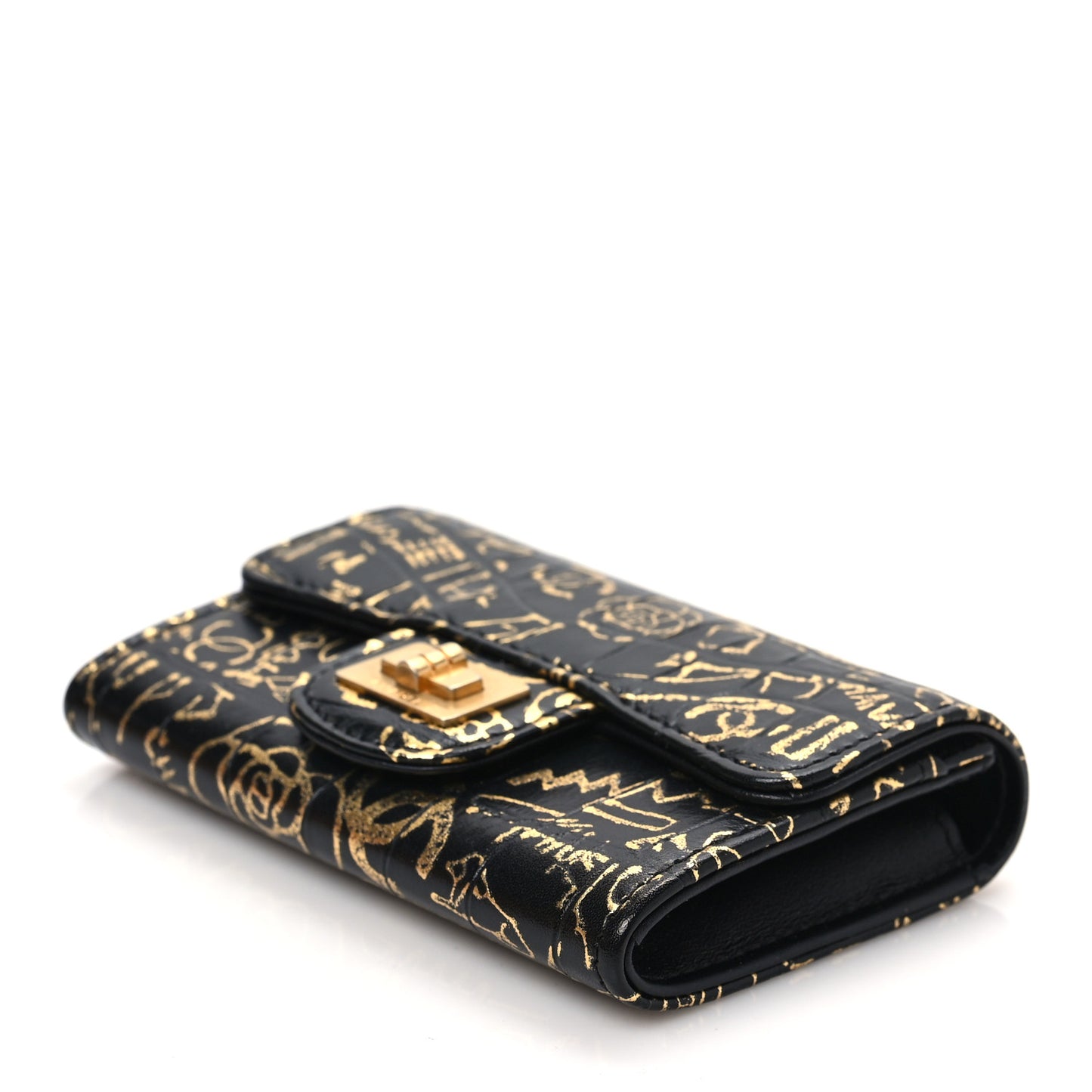 Calfskin Crocodile Embossed Graffiti Reissue Card Holder Wallet Black Gold