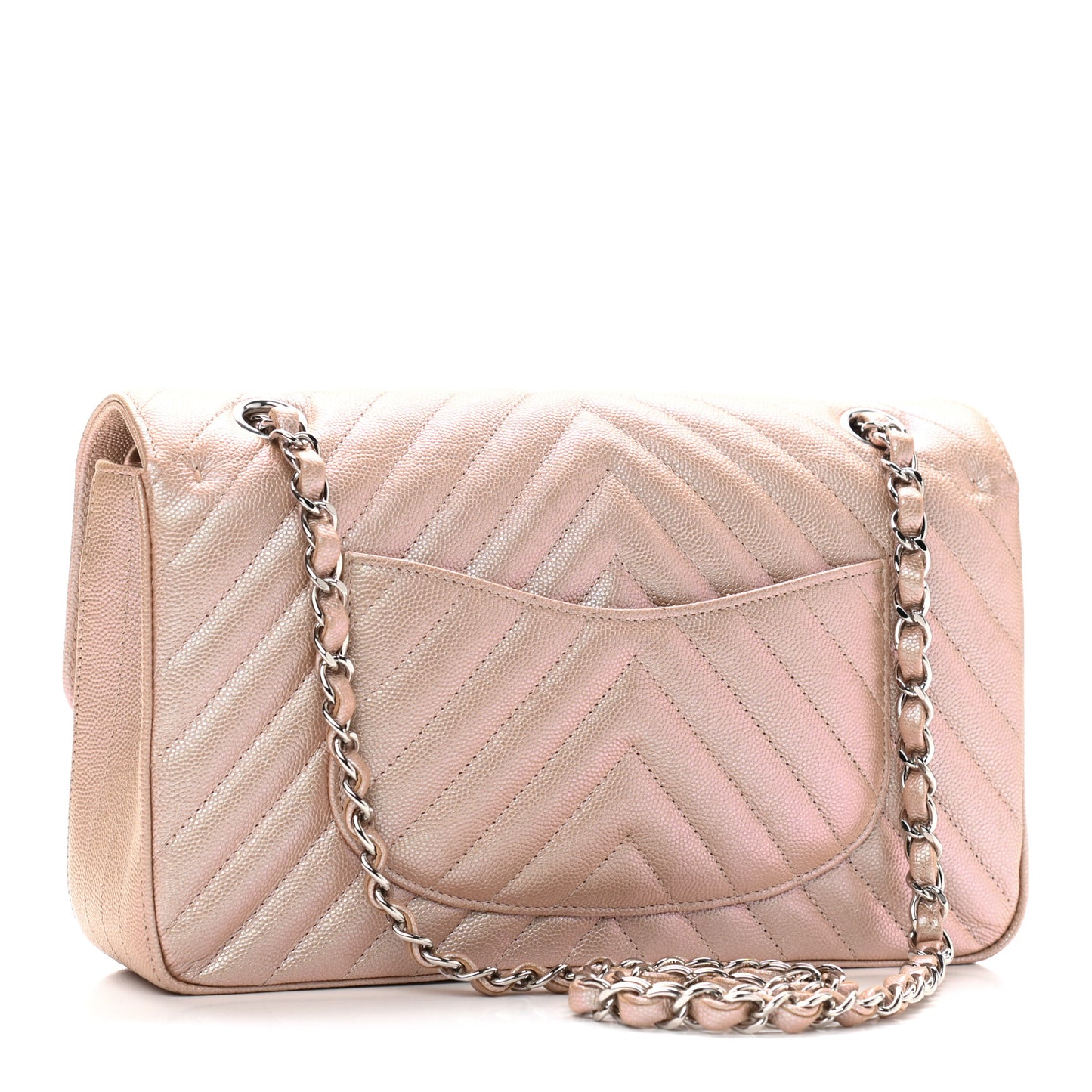 Metallic Caviar Chevron Quilted Medium Double Flap Light Gold