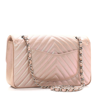 Chanel Metallic Caviar Chevron Quilted Medium Double Flap Light Gold 3 of 11