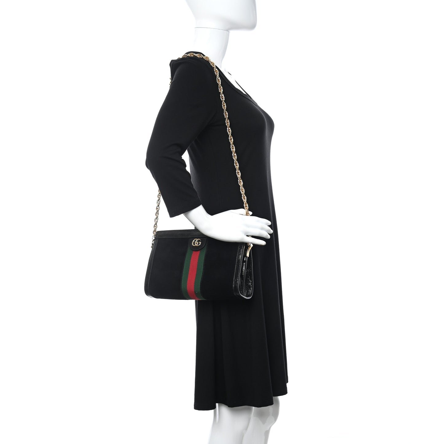 Suede Patent GG Web Small Ophidia Chain Shoulder Bag Black