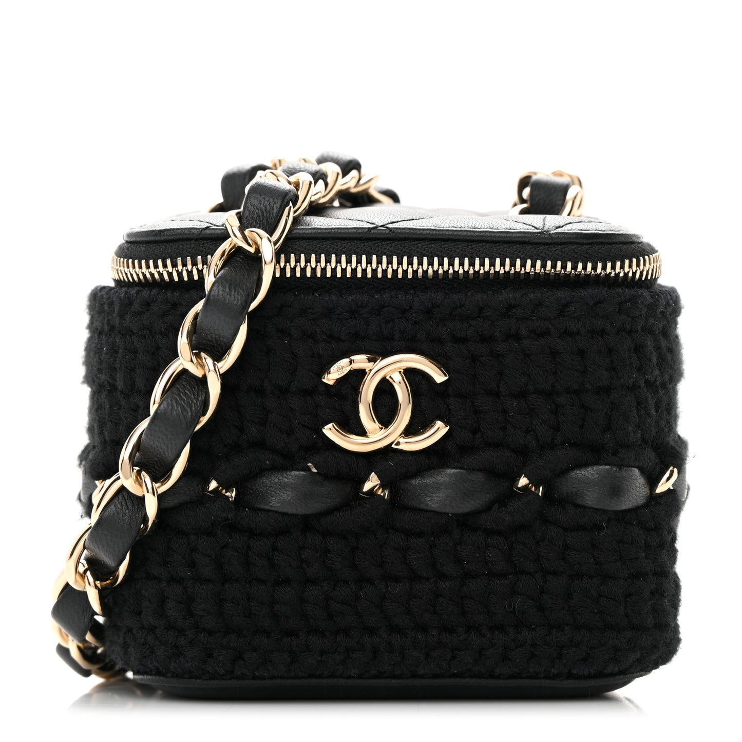 Lambskin Crochet Small Vanity Case With Chain Black