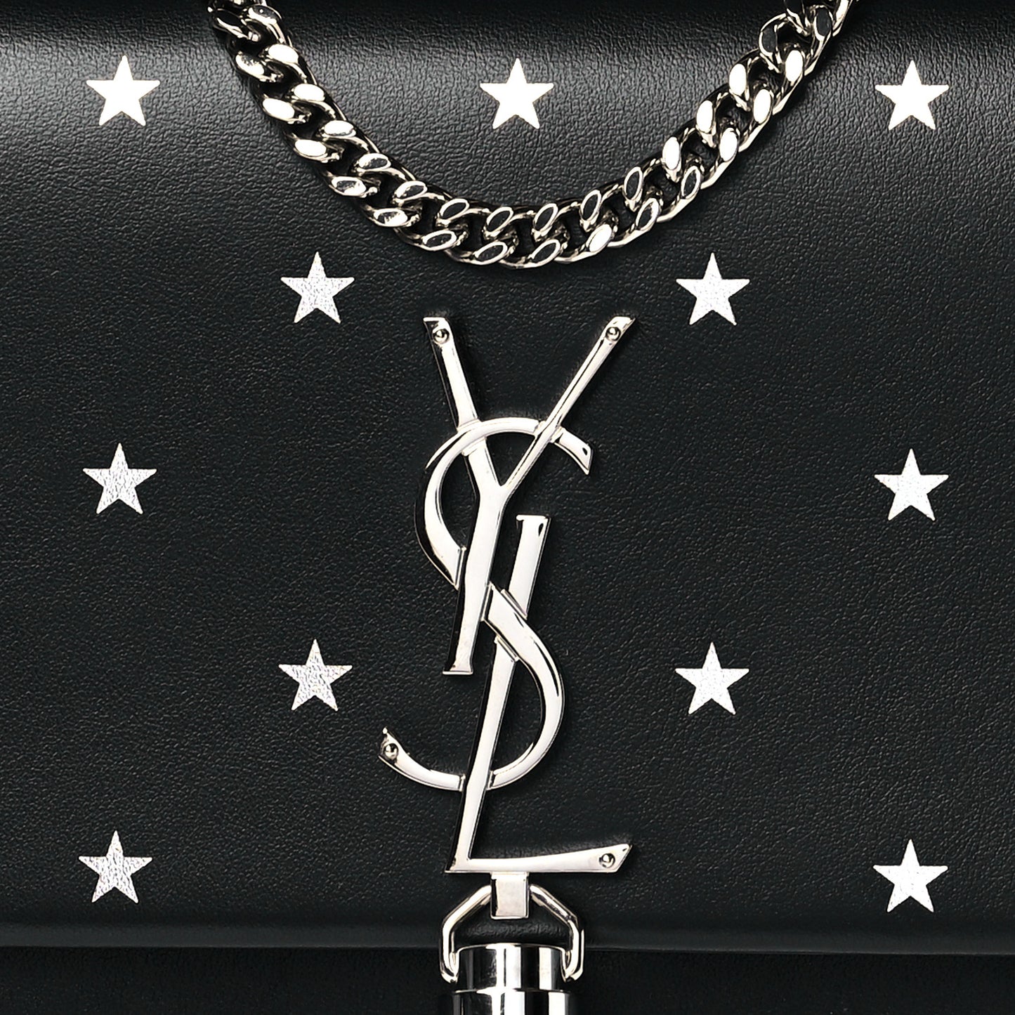 Calfskin Star Print Monogram Kate Tassel Chain Wallet Black Silver