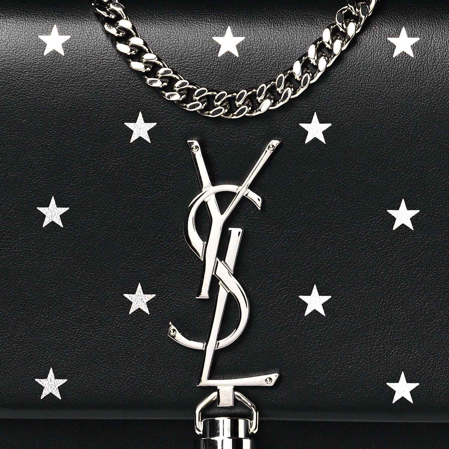 Saint Laurent Calfskin Star Print Monogram Kate Tassel Chain Wallet Black Silver 8 of 11